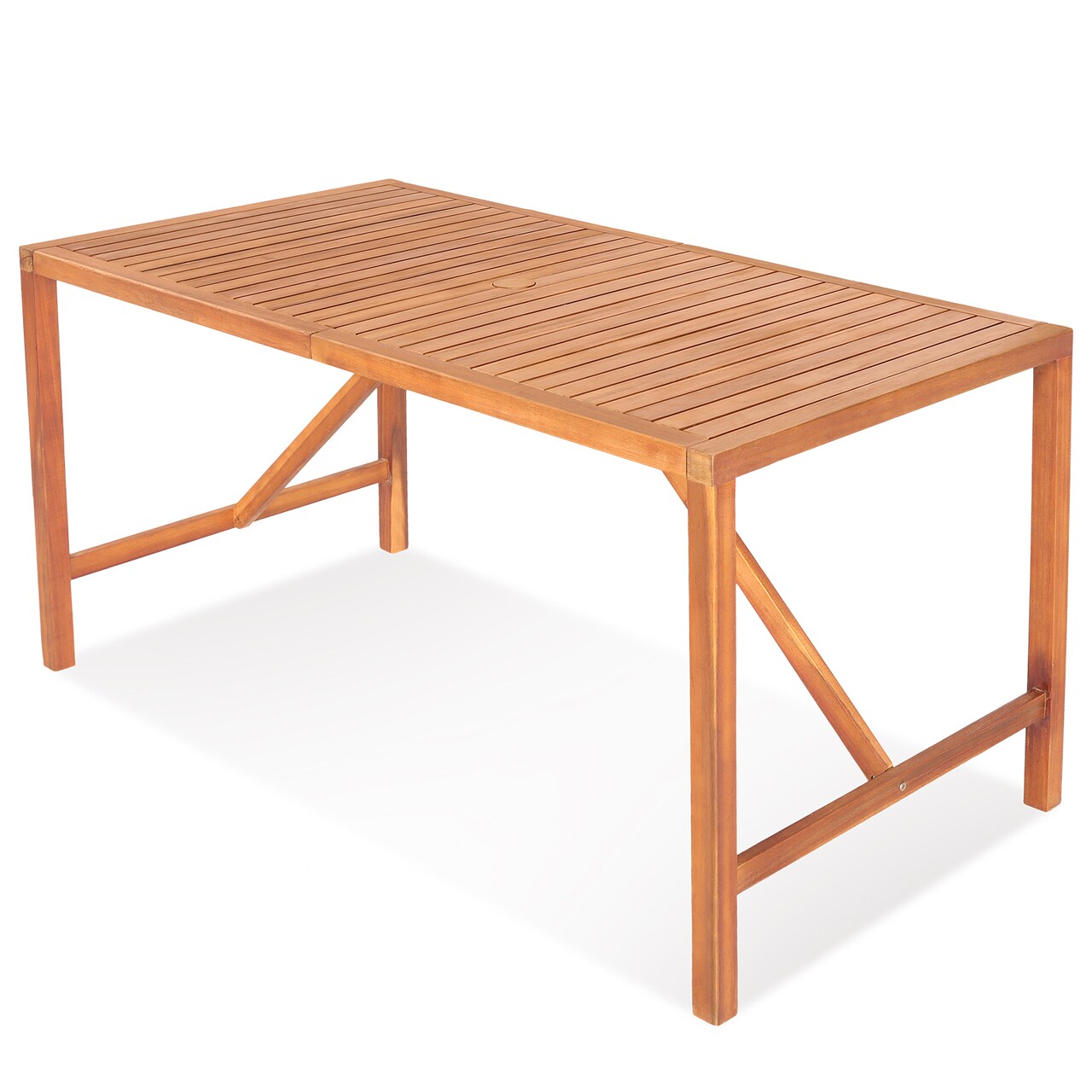 Natural Acacia Wood Patio Table 55 Inch Slatted Umbrella Hole 4-6 Person Outdoor